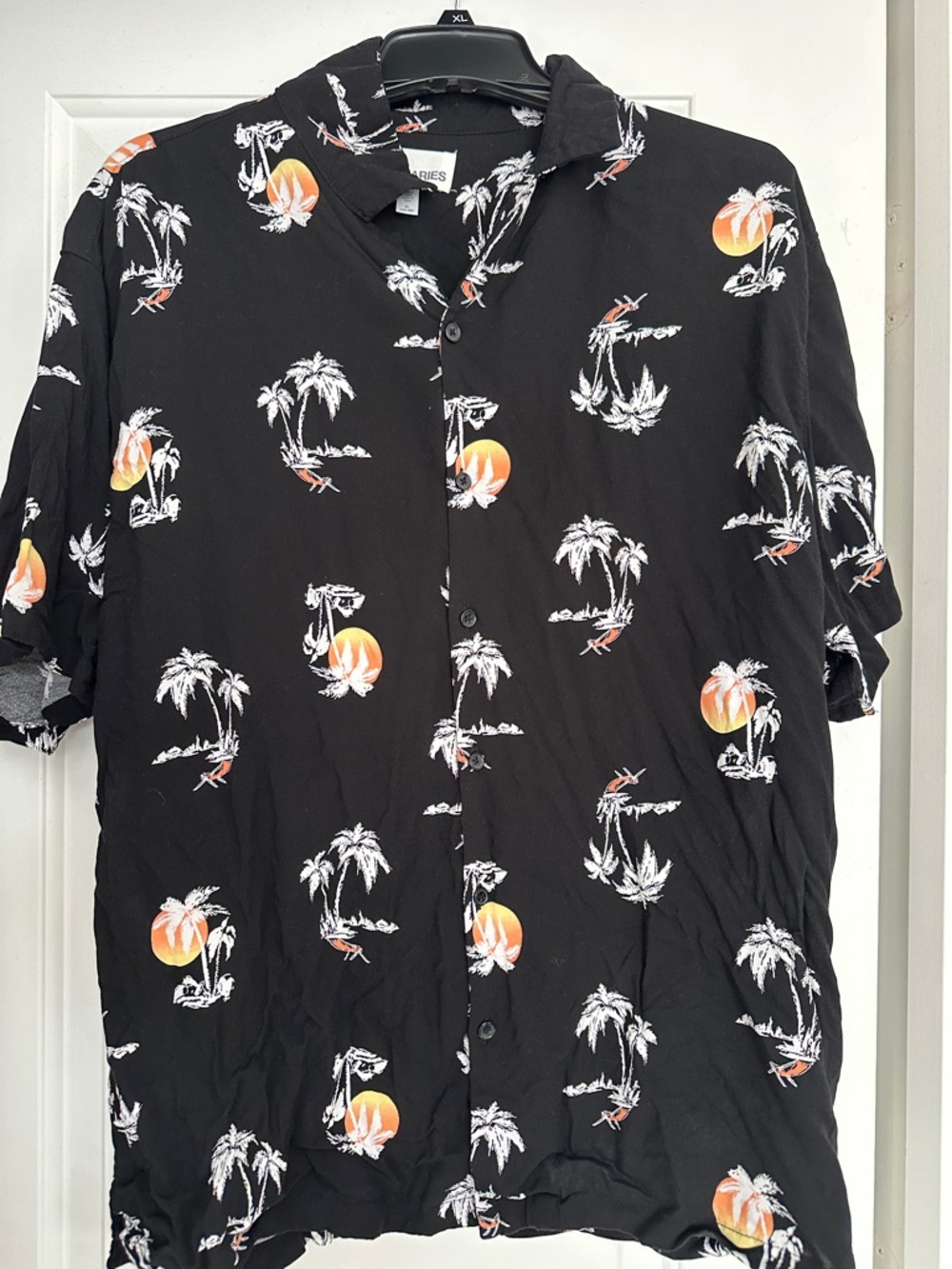 Men’s Black Short Sleeve Button-Down Shirt with Orange Sunset Palm Print